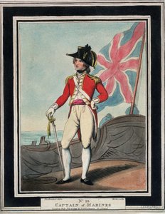 Kuninkaallisen laivaston kapteeni 1700-luvulla. Etsaus väreillä tekijältä Thomas Rowlandson