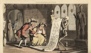 Luuranko Kuolema tiimalasillaan näyttää sukuluetteloa kahdelle iäkkäälle aristokraattiselle geneologille huoneessa, jossa on heraldiset kilvet ja haarniskapuku. Käsinvärinen kuparilevy, jonka on piirtänyt ja kaivertanut Thomas Rowlandson Englannin kuoleman tekijältä Thomas Rowlandson