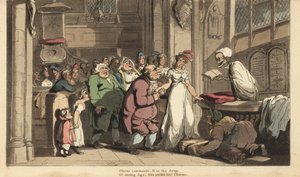 Kuoleman luuranko pappina, joka juhlii nuoren naisen ja ruman vanhan miehen häitä. Käsinvärinen kuparilevy, jonka on piirtänyt ja kaivertanut Thomas Rowlandson teoksesta The English Dance of Death, Ackermann, Lontoo tekijältä Thomas Rowlandson