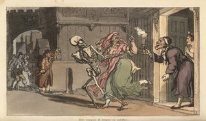 Kuoleman luuranko kantaa Viragon talosta, kun yövartija lyhtyineen katsoo sitä. Käsinvärinen kuparilevy, jonka on piirtänyt ja kaivertanut Thomas Rowlandson teoksesta The English Dance of Death, Ackermann, Lontoo tekijältä Thomas Rowlandson