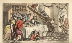 Kuoleman luuranko tulee metsästäjän luo, kun tämä piiloutuu pöydän alle ketun metsästyksen jälkeen. Käsinvärinen kuparilevy, jonka on piirtänyt ja kaivertanut Thomas Rowlandson teoksesta The English Dance of Death, Ackermann, Lontoo tekijältä Thomas Rowlandson