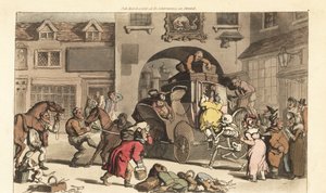 Kuoleman luuranko auttaa suuren matronin kohtalokkaaseen viimeiseen vaiheeseen. Käsinvärinen kuparilevy, jonka on piirtänyt ja kaivertanut Thomas Rowlandson teoksesta The English Dance of Death, Ackermann, Lontoo tekijältä Thomas Rowlandson