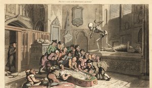 Kuoleman luuranko katselee antikvariaatit kaivaavat kuninkaan ruumiin kirkon kryptasta. Käsinvärinen kuparilevy, jonka on piirtänyt ja kaivertanut Thomas Rowlandson teoksesta The English Dance of Death, Ackermann, Lontoo tekijältä Thomas Rowlandson