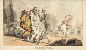 Kuoleman luuranko tiimalasilla ja tikkalla tulee Pierrotille ja muille klovneille, kun taas arlekiini tanssii naisen kanssa rannalla. Käsinvärinen kuparilevy, jonka on piirtänyt ja kaivertanut Thomas Rowlandson teoksesta The English Dance of Death, Ackerma tekijältä Thomas Rowlandson