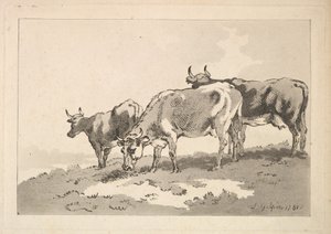 Kolme lehmää seisoo pellolla, 1784-87. tekijältä Thomas Rowlandson