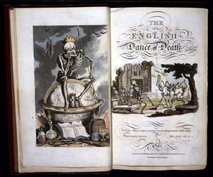 Nimisivu "The English Dance of Death" -julkaisusta, pub. kirjoittanut R. Ackermann tekijältä Thomas Rowlandson