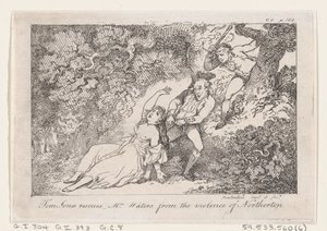 Tom Jones pelastaa rouva Watersin Northertonin väkivallasta, The History of Tom Jon..., 1792. tekijältä Thomas Rowlandson