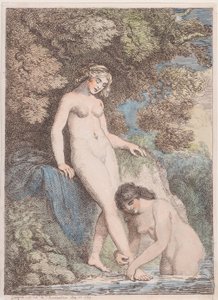 Kaksi nymfiä kylpemässä, toinen pesemässä toisen jalkaa, 20. toukokuuta 1799, 20. toukokuuta 1799. tekijältä Thomas Rowlandson