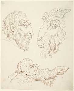 Kaksi karikatyyriä: mies ja vuohi, mies ja lisko tekijältä Thomas Rowlandson