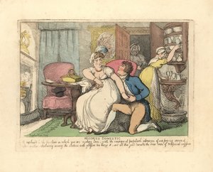 Kaksi rakastajaa salissa, joita uteliaita piikoja häiritsevät. tekijältä Thomas Rowlandson