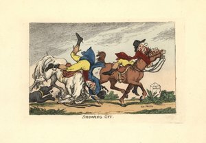 Kaksi miestä putoaa hevosiltaan esityksen jälkeen. Komeilu. tekijältä Thomas Rowlandson