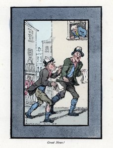 Kaksi sanomalehtien myyjää pitkillä pillillä jakamassa sanomalehtiä Lontoon kadulla. Puukaiverrus, joka perustuu Thomas Rowlandsonin (1756-1827) maalaukseen, julkaistu The Cris of London -lehdessä: kuusi viehättävää lasta ja lähes 40 kuvitusta, Andrew Tuer tekijältä Thomas Rowlandson