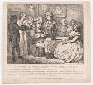 Veronica, Aamiaiskeskustelu Boswellin maalaukselliset kaunokaiset, Part the Firs..., 30. toukokuuta 1786. tekijältä Thomas Rowlandson