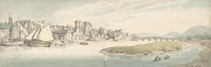 Näkymä kaupunkiin joen varrella Carwitham Castle, 1775-1827. tekijältä Thomas Rowlandson