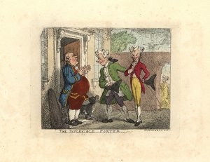 Vierailevat herrat kielsivät palvelijan pääsyn taloon. tekijältä Thomas Rowlandson