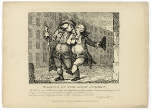 Kävely ylös High Streetille, Boswellin Hebridien kierroksesta. tekijältä Thomas Rowlandson