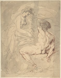 Nainen keskustelee istuvan alastoman miehen kanssa tekijältä Thomas Rowlandson