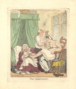 Nainen, joka hoitaa jalkojaan tuskallisesti kiropodistin toimesta. tekijältä Thomas Rowlandson
