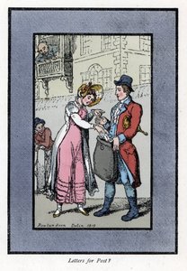 Nainen maksaa ja laittaa kirjeen Britannian kuninkaallisen postin työntekijän kantamaan pussiin. Puukaiverrus, joka perustuu Thomas Rowlandsonin (1756-1827) maalaukseen, julkaistu Lontoon kriisissä: kuudella viehättävällä lapsella ja lähes 40 kuvituksella, tekijältä Thomas Rowlandson