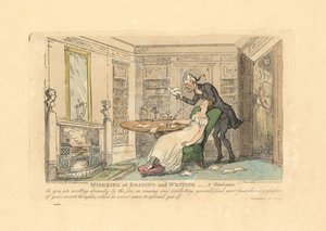 Nainen nukkumassa pöydän ääressä, kun mies lukee hänen salaisia ajatuksiaan. tekijältä Thomas Rowlandson
