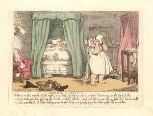 Nainen kaatoi kannun vettä päällensä yön aikana. tekijältä Thomas Rowlandson
