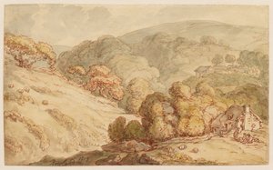 Metsäinen kukkulamaisema, maalaistalo ja hahmoja tekijältä Thomas Rowlandson