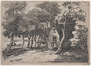 Metsäinen kohtaus hahmoilla mökin ovella, 1783-88., 1783-88. tekijältä Thomas Rowlandson