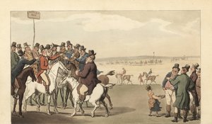 Nuori englantilainen herrasmies pelaa uhkapelejä Newmarketin kilparadalla tekijältä Thomas Rowlandson