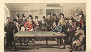 Nuoret englantilaiset herrat pelaamassa biljardia tekijältä Thomas Rowlandson