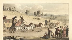 Nuoret englantilaiset herrat kilpailevat neljän hevoskärryillä tiellä tekijältä Thomas Rowlandson