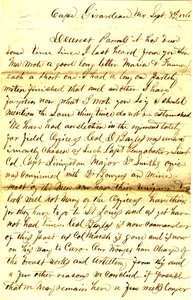 Kirje allekirjoitettu T.S. Hawley, Cape Girardeau, Missouri, vanhemmille 8. syyskuuta 1861 tekijältä Thomas S. Hawley