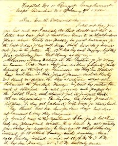 Kirje allekirjoitettu T.S. Hawley, sairaalan 11. Missourin jalkaväki, Camp Fremont, Cape Girardeau, perheelle, 9. helmikuuta 1862 tekijältä Thomas S. Hawley