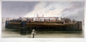 Lontoon Tower asehuoneen tulipalon jälkeisenä aamuna 30. lokakuuta 1841 tekijältä Thomas Shotter Boys