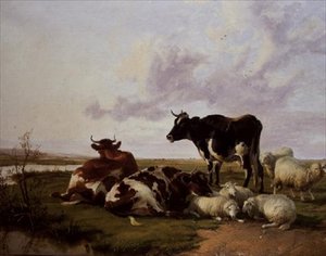Nautakarjan ja lampaiden laiduntaminen tekijältä Thomas Sidney Cooper