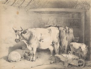 Lampaita ja nautoja ladossa tekijältä Thomas Sidney Cooper