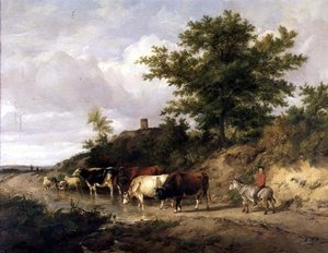 Metsäinen maisema poika aasilla ja karja kaakelilla tekijältä Thomas Sidney Cooper