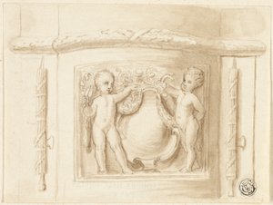 Pilasterin jalusta kohokuviolla, 2 puttia, kilpi tekijältä Thomas Stothard