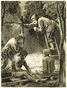 "Robinson Crusoe ja Perjantai tekevät telttoja perjantain isän ja espanjalaisen majoittamiseksi" Daniel Defoen teoksesta "Robinson Crusoen eli Yorkin merimiehen elämä ja oudot seikkailut".