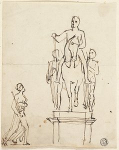 Ratsumiehen veistos kahden seisovan hahmon säestyksenä ja luonnos yhdestä jälkimmäisestä tekijältä Thomas Stothard