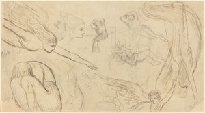 Opintolehti enkeleistä ja kumartuvista hahmoista (kuvitus Macklinin Raamatusta?) tekijältä Thomas Stothard