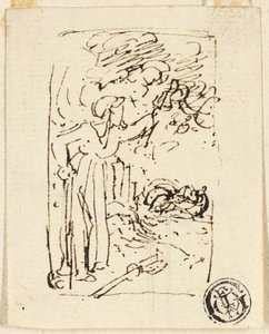 Luonnos kepin päälle nojaavasta hahmosta tekijältä Thomas Stothard