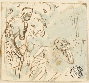 Luonnos miehestä, joka nojaa miehiin ja katsoo nukkuvaa naista tekijältä Thomas Stothard