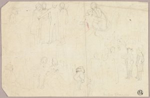 Luonnokset Tristram Shandylle (recto); Luonnokset medaljonista istuvalla allegorisella hahmolla (käänteinen) tekijältä Thomas Stothard