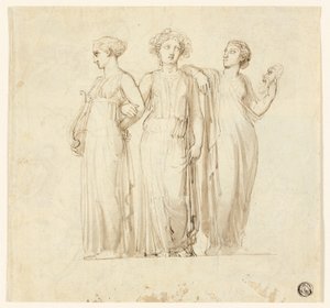 Kolme muusaa (recto); Tutkimus ritarista ja munkista kuvitukseen goottilaisessa romaanissa (käänteinen) tekijältä Thomas Stothard