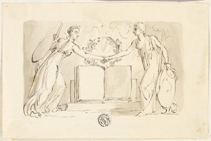 Kaksi vertauskuvallista naishahmoa ristissä käsiä kirjan edessä tekijältä Thomas Stothard