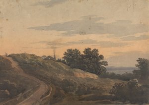 Mäkinen maisema talolla, polulla ja hahmoilla tekijältä Thomas Sully