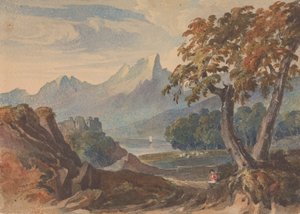 Maisema vuorilla, järven linna, istuva hahmo etualalla tekijältä Thomas Sully