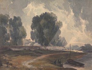 Maisema puita ja järvi hahmoilla ja veneellä tekijältä Thomas Sully