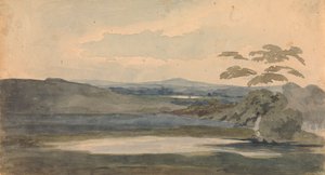 Maisema puilla ja vuorilla, järvi etualalla tekijältä Thomas Sully