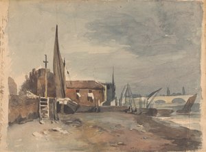 Rantakohtaus rakennuksilla ja veneillä tekijältä Thomas Sully
